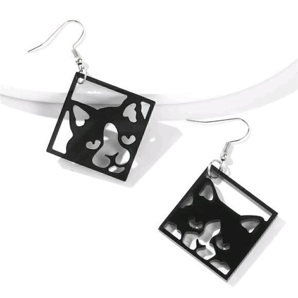 Kitty Cat Blue Black or Purple Square Geometric Dangling Hook Earrings - Picture 9 of 9